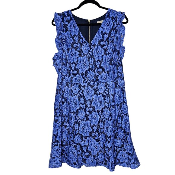 Michael Kors 12 Blue Cocktail Dress Floral Lace Overlay Office Ruffle Church - Picture 1 of 6
